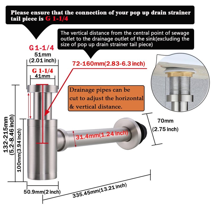 RANDOM Brass Contemporary Round Bottle P Trap 1 1/4,Basin Sink Waste Drain P Trap Kit (Brushed Nickel) - Image 2
